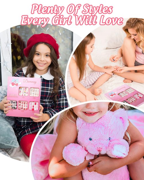 120PCS 5 Pack Press on Nails for Kids,Tweens Girls Soft Fake Nail Kit, Reusable Creative Design Nails, Full Cover Glitter Stick on Nails Girl Nails for Ages 8-12