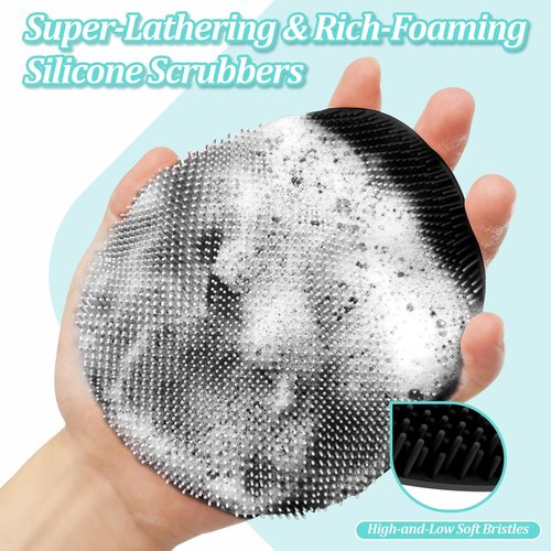 GEENOA Silicone Back Scrubber & Bath Glove Set 2PCS, 13.4'' Gentle Shower Back Scrubber with Dual-Side Head Non-Slip Handle, 360° Anti-Slip Hand-fit Bath Glove for Rich Foaming Deep Cleaning(Black)