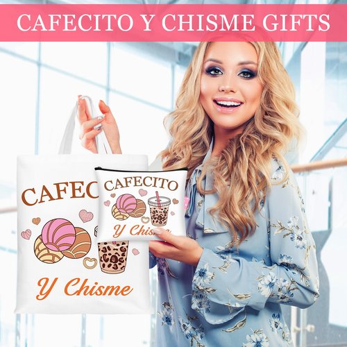 SilTriangle 6 Pcs Funny Cafecito Y Chisme Gifts Mexican Concha Coffee Tote Bags and Makeup Bags Set Mexican Latina Coffee Theme Gift for Mother's Day Women