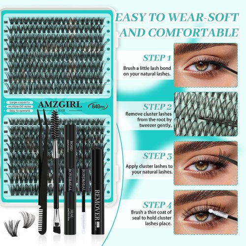 Lash Clusters Kit 640Pcs, 30D+40D+50D+60D Eyelash Extension Kit, Lash Bond and Seal Waterproof, Lash Remover, Lash Applicator Tool and Function Brush for DIY Lash Extension Kit(D-Mix9-16mm Kit)