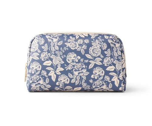 RIFLE PAPER CO. Large Cosmetic Pouch | Store Small Accessories, Gold Zipper, Printed in Full Color with Stylized Pattern and Foil Stamped Logo, Wipe Clean (10" L × 4.25" W × 7" H), English Rose