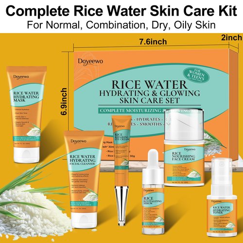 Skin Care Set,6Pcs Women Teen Glass Skincare w/Korean Rice Extract,Hydrate Glow Repair Anti-Aging Facial Routine Kit Self Care Gifts for Women Mom Wife Teenage Girl Her Valentines Day Christmas Gifts