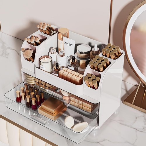 Delamu Makeup Organizer Countertop with 6 Brush Holder, Bathroom Countertop Organizer with 2 Large Drawers, Cosmetic Display Case for Vanity, Ideal Christmas Gifts for Women Girls, Light White