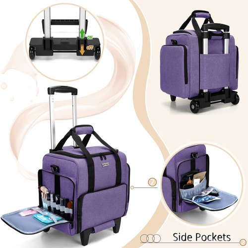 BAFASO Rolling Makeup Case with 3 Removable Pouches and 1 Makeup Brush Bag, Professional Makeup Train Case Cosmetic Bag with Detachable Dolly (Patented), Purple
