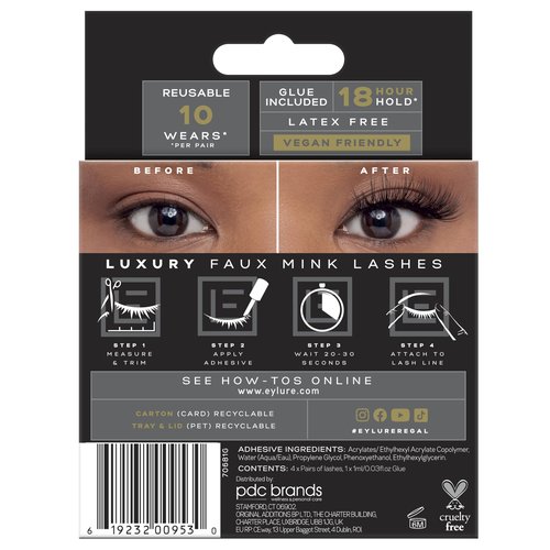 Eylure Luxe Faux Mink False Lashes - Regal, 4 Pairs Bonus Pack | Glue Included | 10 Wears