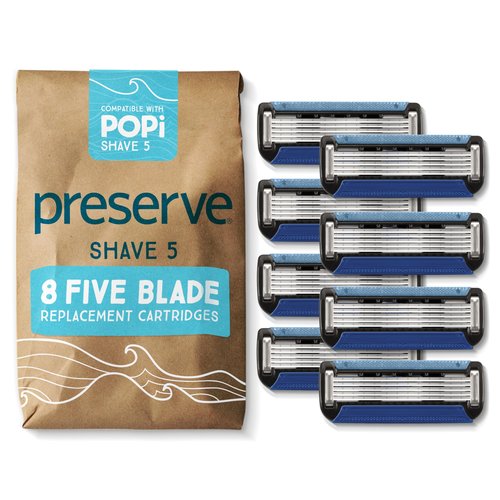 Preserve POPi Shave Razor Blades Refills - 5 Blade Razors for Men & Women - Ceramic Coated Shavers for Comfort with Aloe-Cocoa Butter Strip - Reusable Shaving Refill - 8 Pack