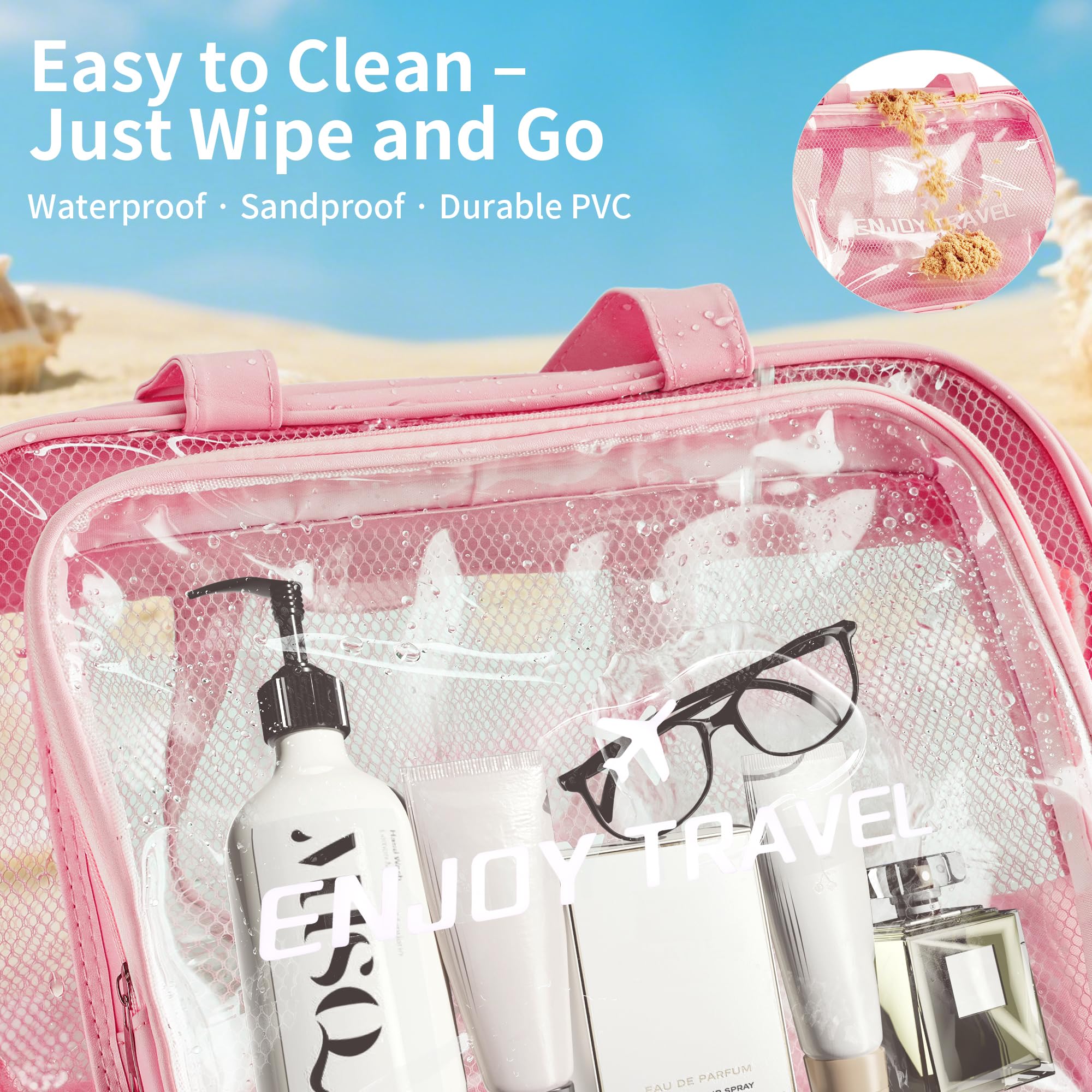 ZTLGE Waterproof Toiletry Bag – Large Capacity Clear PVC Beach Tote Bag, Portable Unisex Travel Makeup Organizer for Swimming, Gym, and Vacation (PINK)