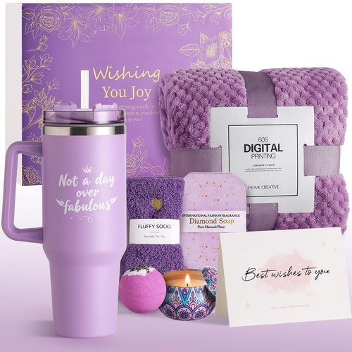 Birthday Gifts for Women, Self Care & Get Well Soon Gift Baskets, Lavender Relaxing Spa Care Package with 40oz Tumbler & Flannel Blanket, Encouragement Thinking of You Gifts for Her, Girl, Mom, Friend