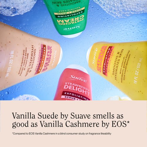 Suave Vanilla Suede Exfoliating Body Wash & Scrub with Glycerin & Vitamin E, Sulfate-Free Hydrating Cleanser for Soft, Smooth Skin, 6 Count, 18 FL OZ EA