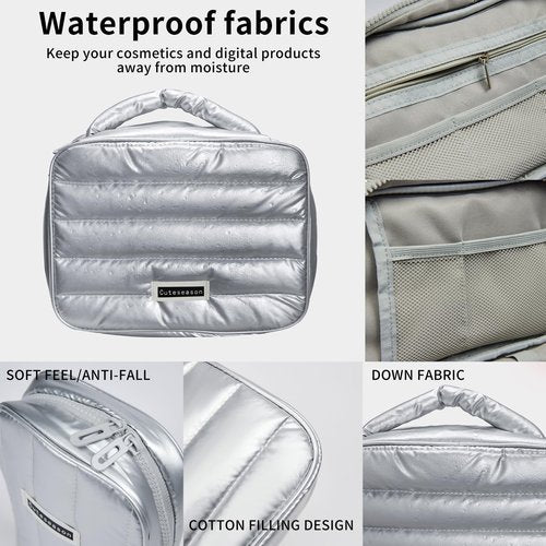 Cuteseason Puffy Quilted Silver Makeup Bag for Women, Large Waterproof Cosmetic Bag with Compartments, Travel Toiletry Organizer Pouch(Black, L)