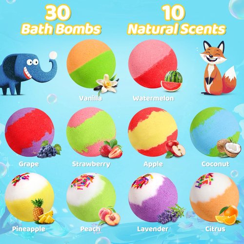 30 Pack Bath Bombs for Kids with Toys Inside, Kids Bath Bombs Gift Set with 30 Sea & Land & Sky Animal Surprise Toy, Bubble Bath Toys, Valentine Gifts for Girls Boys, Birthday Gifts