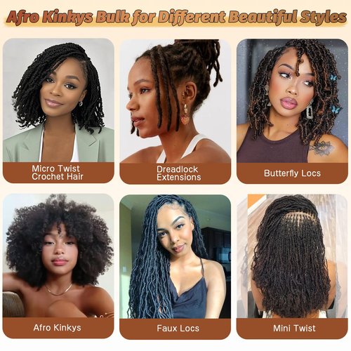 Afro Kinkys Bulk Human Hair 3 Bundles 90 Gram For Twists Braiding Dreadlock Extensions Create Repair Braid Micro Twist Human Hair Bundles Bulks Locs Extensions 1B Natural Black 8+8+8 30g/bundle