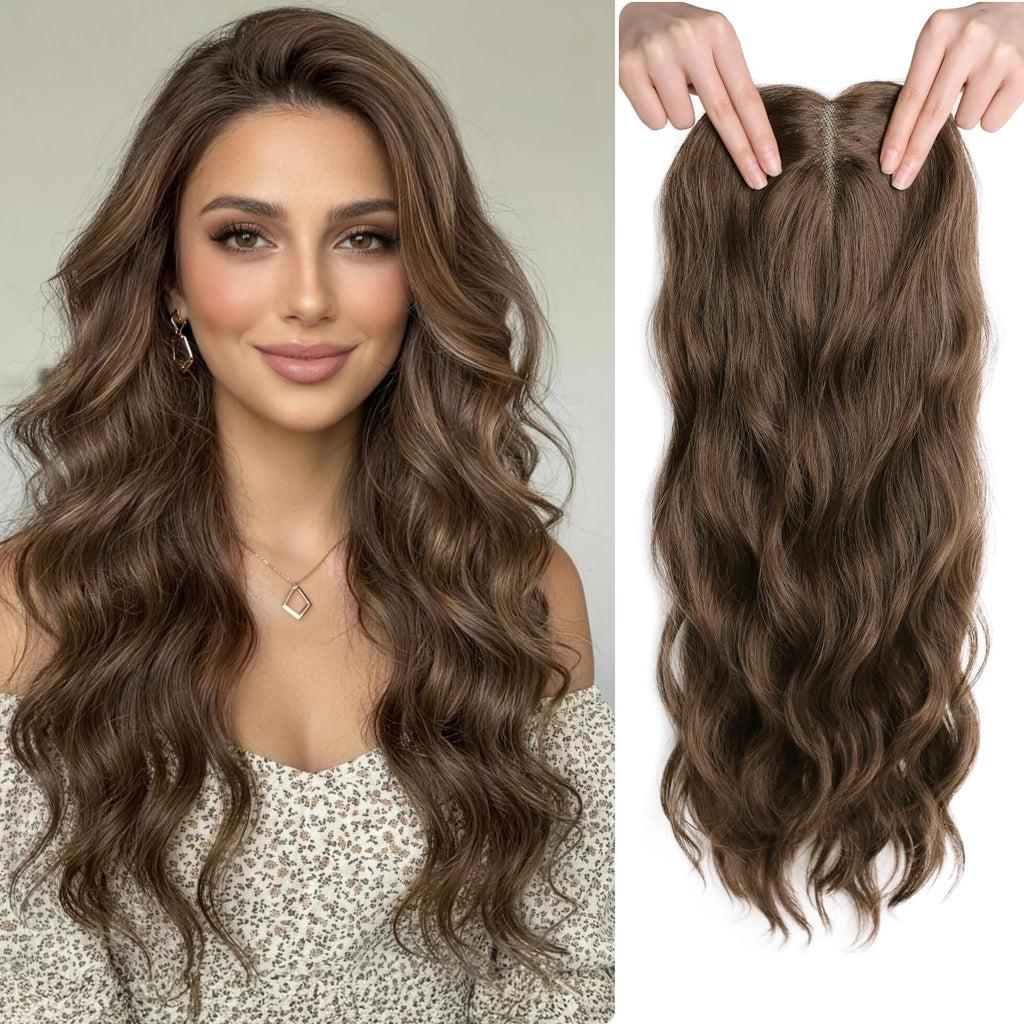 XIXISNOW Hair Toppers for Women Thinning Hairs 24 Inch Long Layered Topper Curly Synthetic Wiglets Pieces Hand-Tied Hairline Synthetic Clip on Hair Topper for Women Dark Brown Mix Golden Brown