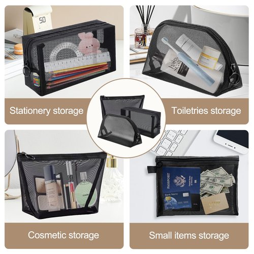 8 Pieces Mesh Makeup Bag Set,Cosmetic Bags Make up pouch,Portable Clear Travel Toiletry Makeup Kit Bag Organizer Mesh Zipper Pouch Purse Beauty Storage Bags for Home Office Travel Accessories(Black)