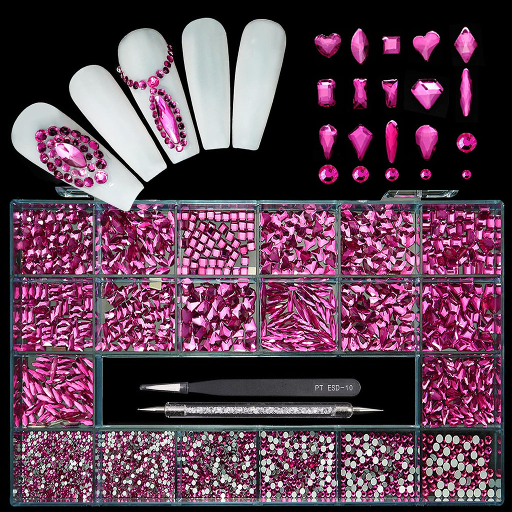 Yzzseven 14 Types of 700 Rose Pink Diamonds + 2100 Flat Rhinestones Mix 20 Styles Flatback DIY Crafts Rhinestone Crystals 3D Ornament‌s Flat Back Stones Set + Tweezers + Drill Pen