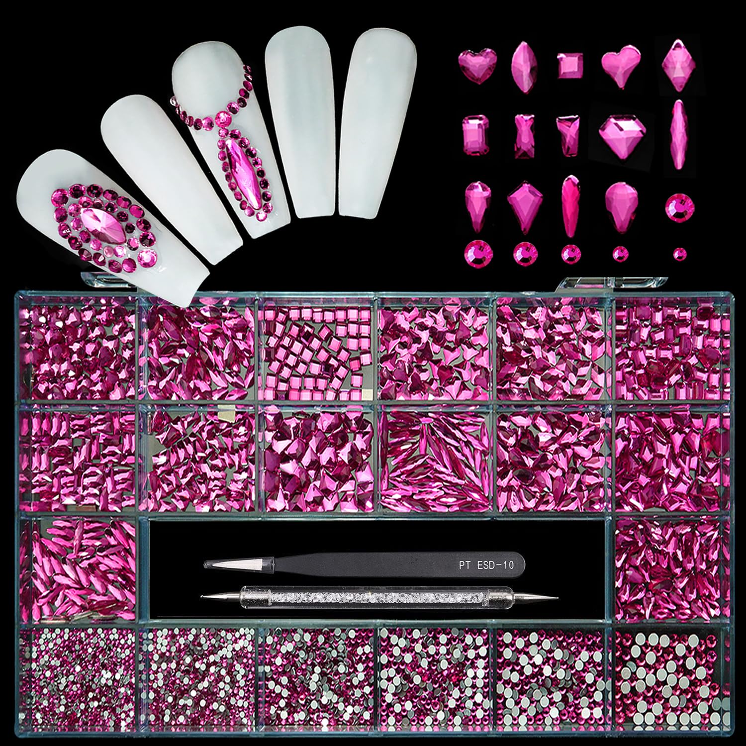 Yzzseven 14 Types of 700 Rose Pink Diamonds + 2100 Flat Rhinestones Mix 20 Styles Flatback DIY Crafts Rhinestone Crystals 3D Ornament‌s Flat Back Stones Set + Tweezers + Drill Pen