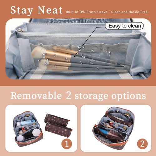 BOYATU Travel Makeup Bag Cosmetic Bags for Women: 3 Pcs Set Portable Make up Bag with Handle - Vegan Leather Toiletry Bags with Compartments - Makeup Organizer for Travel Essentials(L-1-Brown)