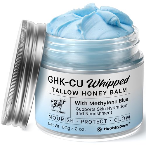 HealthyDerm Copper Peptides GHK-Cu Beef Tallow for Skin: Blue Balm with Methylene Blue, Manuka Honey & Vitamin E – Natural Face and Body Moisturizer for Mature, Dry & Sensitive Skin – 2oz