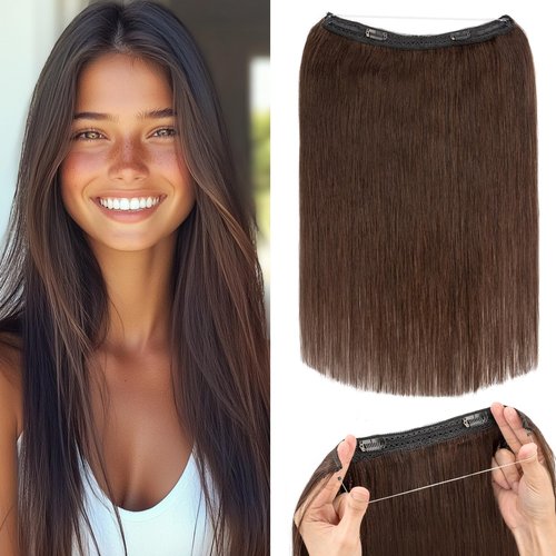 Rich Choices 100% Real Human Halo Hair Extensions Remy Invisible Wire In Hair Extensions Human Hair Clip in Hair Piece Straight,Can be Curled 12 Inch #2 Dark Brown