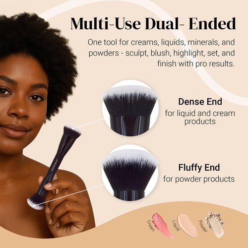 Keshima Dual-Ended Blush, Bronzer & Contour Makeup Brush - Dense Liquid End & Fluffy Powder End, Multi-Purpose Blending and Buffing for an Airbrush Finish, Works with Liquid, Cream & Powder, Black