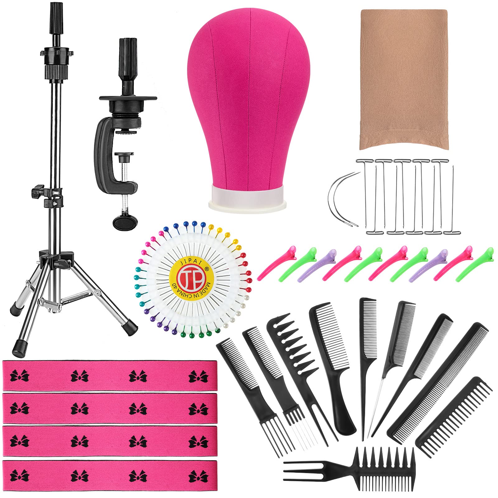 Yahenda 23 Inch Wig Cork Canvas Block Head with Mannequin Tripod Head Stand Wig Holder Stand with Pins Wigs Making Kit and Supplies Accessories for Cosplay Making Wigs Styling Display (Pink)