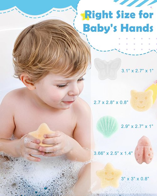 MoHern Konjac Baby Sponge for Bathing, 5Pcs Natural Cute Shapes, Kids Bath sponges for Infants, Toddler Bath time, Plant-Based, Extra Soft