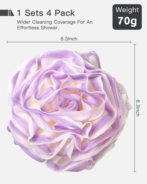 Large Loofah Bath Sponge 70g, 6.3 Inch Exfoliating Shower Loofah, Soft Durable PE Mesh with Reinforced Knotting, Rich Lather Body Wash Scrubber, Sweet Little Gifts Set (B-4Pack)