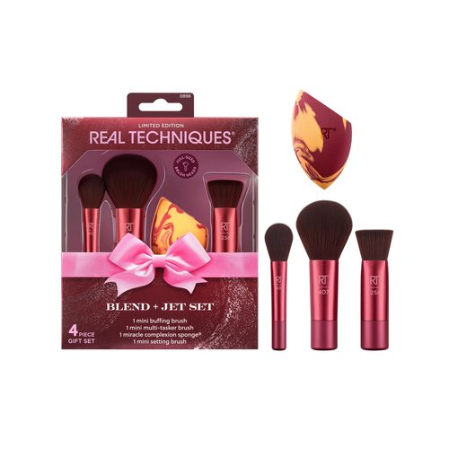 Real Techniques Blend + Jet Set Travel Makeup Brush & Sponge Set, 4 Piece Mini Holiday Gift Set for Foundation, Blush & Setting Powder, Compact & Travel Friendly, Cruelty-Free & Vegan
