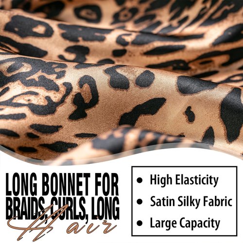 2Pcs Bonnets for Black Women Braid Bonnet, Large Long Satin Bonnet for Braids, Silk Bonnet with Stretchy Tie Band Sleep Cap Hair (2Pcs-Black&Leopard)