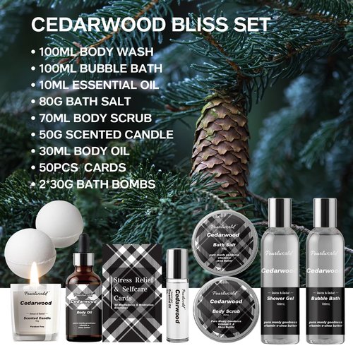 Skiennix Men's Spa Gift Set - Cedarwood Bath & Body Care Kit | 12-Piece Home Spa Essentials for Men