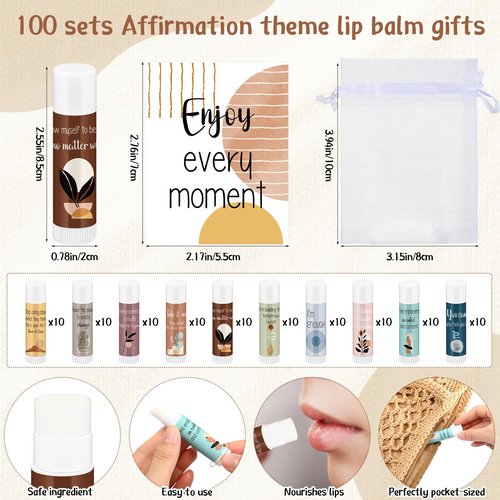 Leelosp 100 Sets Christmas Thank You Gift Lip Balm Bulk, Positive Affirmation Gifts Set with Positive Daily Affirmation Cards, Inspirational Appreciation Gift for Stocking Stuffers