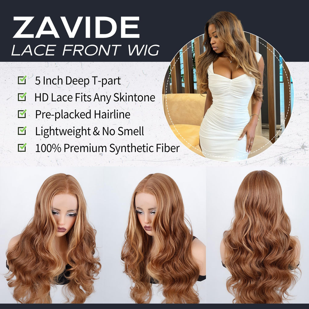 ZAVIDE Honey Blonde Lace Front Wig Body Wave Synthetic Wig Highlight Wigs For Women 180% Density Transparent Lace Frontal Wigs