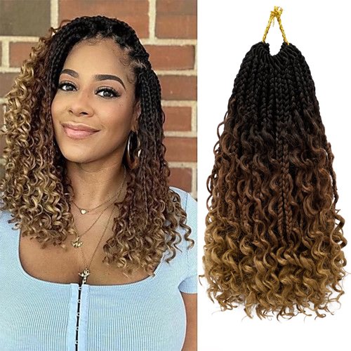 Goddess Box Braids Crochet Hair 12 Inch 8 Packs Pre-looped Bohemian Crochet Boho Box Braids With Curly Ends 3X Crochet Braids Hair for Women Synthetic Braiding (12 inch, T1B/30/27)