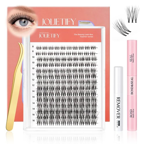 JOLIETIFY Lash Extension Kit, Natural Style, Faux Mink 8-16mm Cluster Lashes, BareLook, Soft & Fluffy, Waterproof Bond & Seal, Reusable Individual Lashes with Tweezers & Remover Tool, Easy to Apply