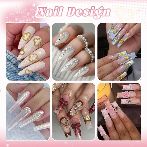 Flatback Pearls (White) and Metal Nail Beads (Silver+Gold) with Rhinestones Glue Gel for Nail Art, Pearl Nail Charms and Round Caviar Beads Nail Accessories for Acrylic Nail Tips Manicure Decor