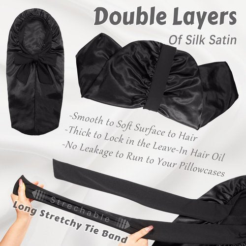 PHILIGHTS Long Satin Bonnet with Tie Band, Reversible Silk Sleep Bonnet for Women, Double Layer for Braids & Curly Hair