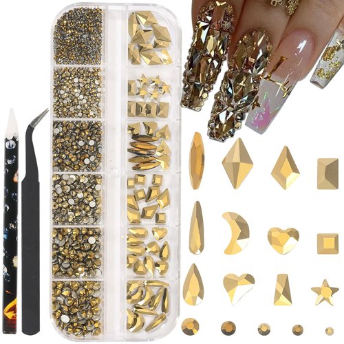 HNUIX Mine Golden Nail Rhinestones Kit Flatback Crystal Metallic Gold Gems Stones 1450Pcs Nail Art Gems Diamonds Jewels Multi Shapes Sizes Nail Charms Tweezer & Wax Pen for Nails DIY Faces Eyes Makeup