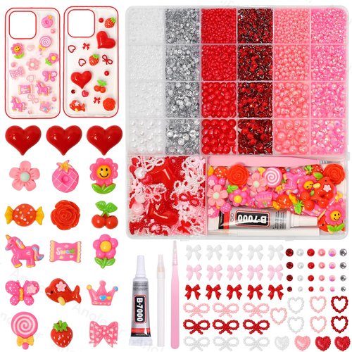 AnoleAir Junk Case Charms Kit, Pink Red Pearls Resin Rhinestones Bedazzling Kit, Cute Candy Bear Cartoon Phone Cases Charms, Junk Case with Big Charm for Crafts Nail Art DIY Accessories