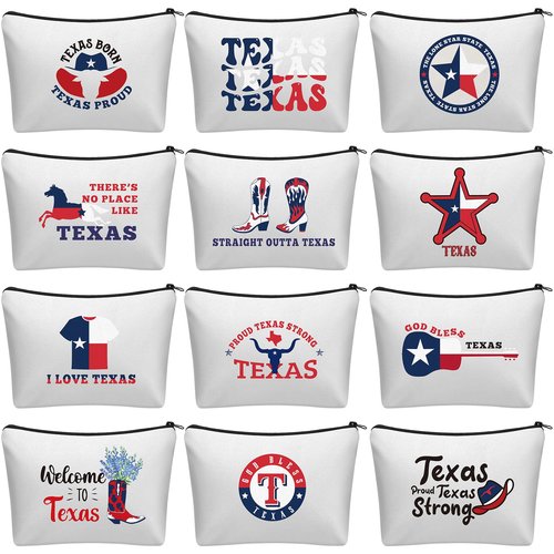 Bulyoou 12 Pcs Texas Souvenirs Gifts Novelty Cosmetic Makeup Bag Gift Red White Blue Zipper Pouch Bag Texas State Independence Day Gifts for Women Home Birthday Party Favors
