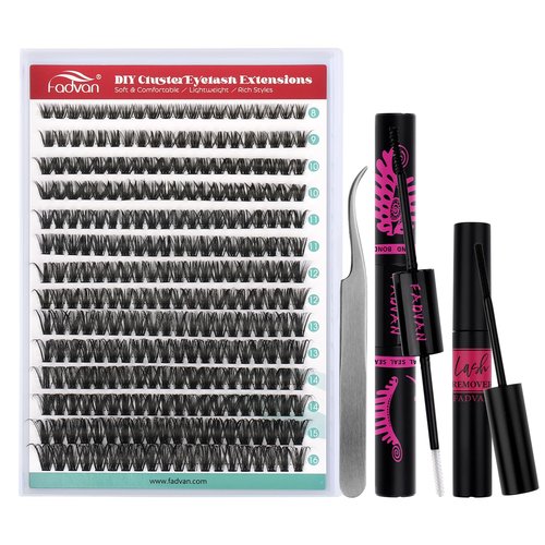FADVAN DIY Lash Extension Kit 60D Volume Lash Clusters Kit with Lash Bond and Seal 280 pcs Thick Individual Lashes 8-16 mm D Mink Lashes Cluster, Lash Cluster Remover and Tweezers