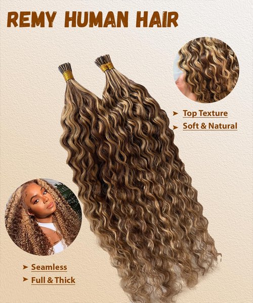 Curly I Tip Hair Extensions Human Hair 4P27 Water Wave Cold Fusion Itip Flawless Microlinks Hair Extensions Invisible Blends Naturally Individual Strands for Black Women 50G 16Inch Brown to Blonde