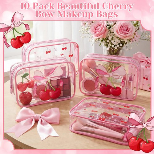 Kacctyen 10 Pcs Pink Cherry Bow Makeup Bags Bulk Gifts for Girl Women Birthday Party Favors Coquette Pastel Bow PVC Clear Cosmetic Bags Waterproof Travel Toiletry Pouch for Party Favors