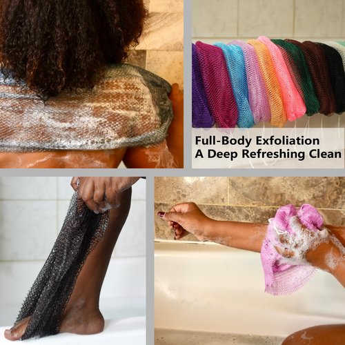 African Exfoliating Net Sponge 2 Pieces – Authentic Double-Knotted Mesh, Quick-Drying Bath Scrubber for Deep Cleansing, 45 inches Stretch Back Scrubber for Shower Women & Men (Seafoam+Lavender Pink)
