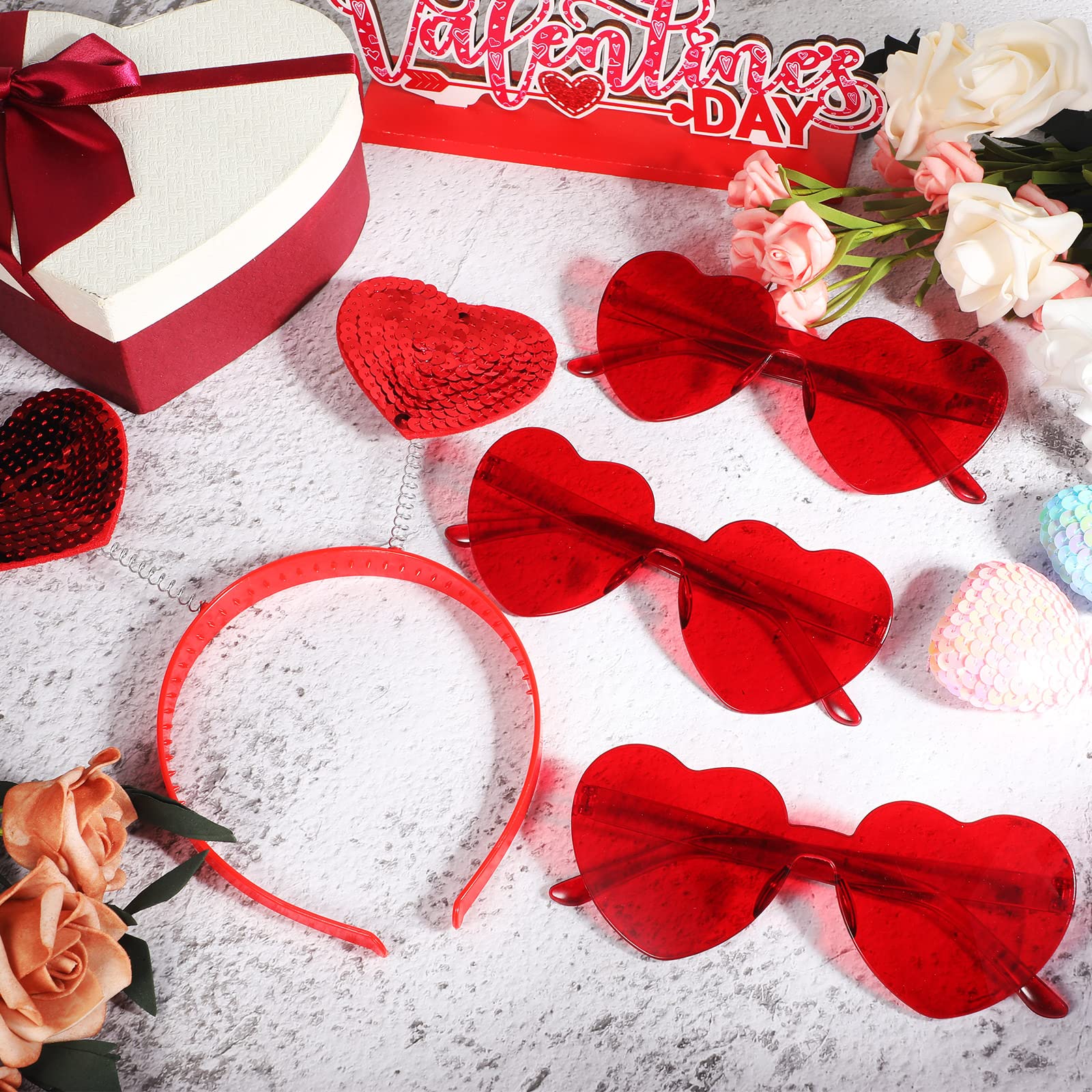 Youyole 36 Pcs Heart Shaped Headbands Bulk and Heart Shaped Sunglasses for Women Summer Birthday Party Favor Decor(Red,Frameless)