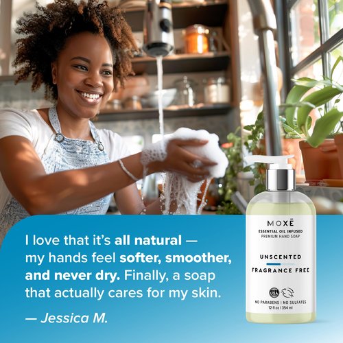 MOXE All Natural Hand Wash – Unscented Fragrance-Free– Gentle Formula, Organic & Plant-Based – For Kitchen & Bathroom – Biodegradable, Vegan, Cruelty-Free, No Sulfates or Parabens – 12 oz