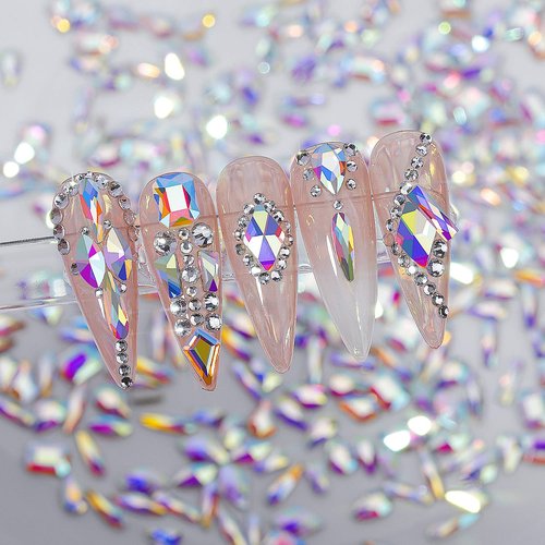 HNUIX Nail Rhinestones - 300pcs Crystals AB, Multiple Shape Gems, Flat Back Rhinestones, for Nail Art