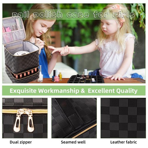 AFUOWER Nail Polish Organizer Bag with Handles - Holds 30 Bottles (15ml - 0.5 fl.oz)，Travel Case Portable Storage Bag for Manicure Set (Checkered Black)