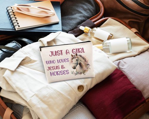 kdqua Horse Gifts for Girls Horses Makeup Bag, Just a Girl Who Loves Horses, Pink Funny Gifts for Horse Lovers women, Cowgirl Equestrian Gifts Linen Cosmetic Bag Zipper Pouch Travel Toiletry Bag