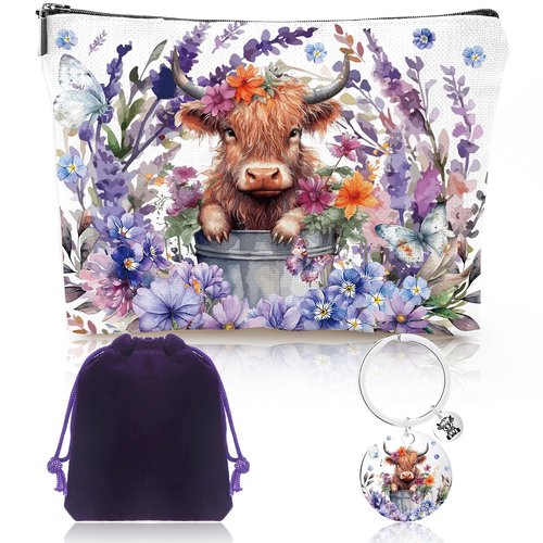Luvsweets Highland Cow Gifts for Women - Spring Highland Cow Floral Makeup Bag and Cute Cattle Keychain, Western Gifts for Animal Lovers, Christmas Birthday Present for Friends Sister Mom