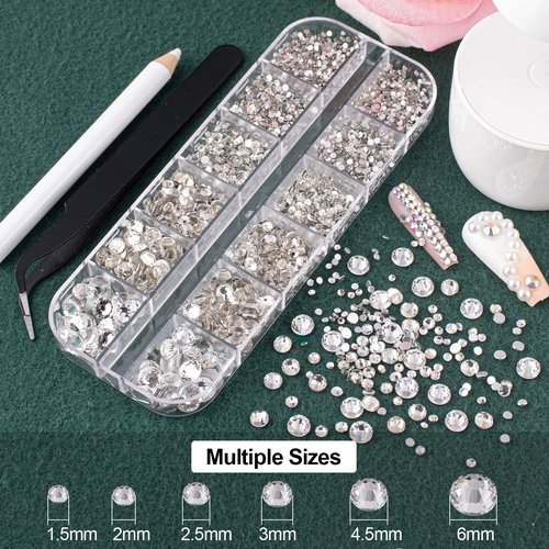 Flat Back Rhinestones&Pearls Kits Round Glass Crystal Transparent White Gems+White Pearls with Quick Dry Makeup Glue+Picker Pencil+Tweezer for Nail Art and Face Eye Body Make-up